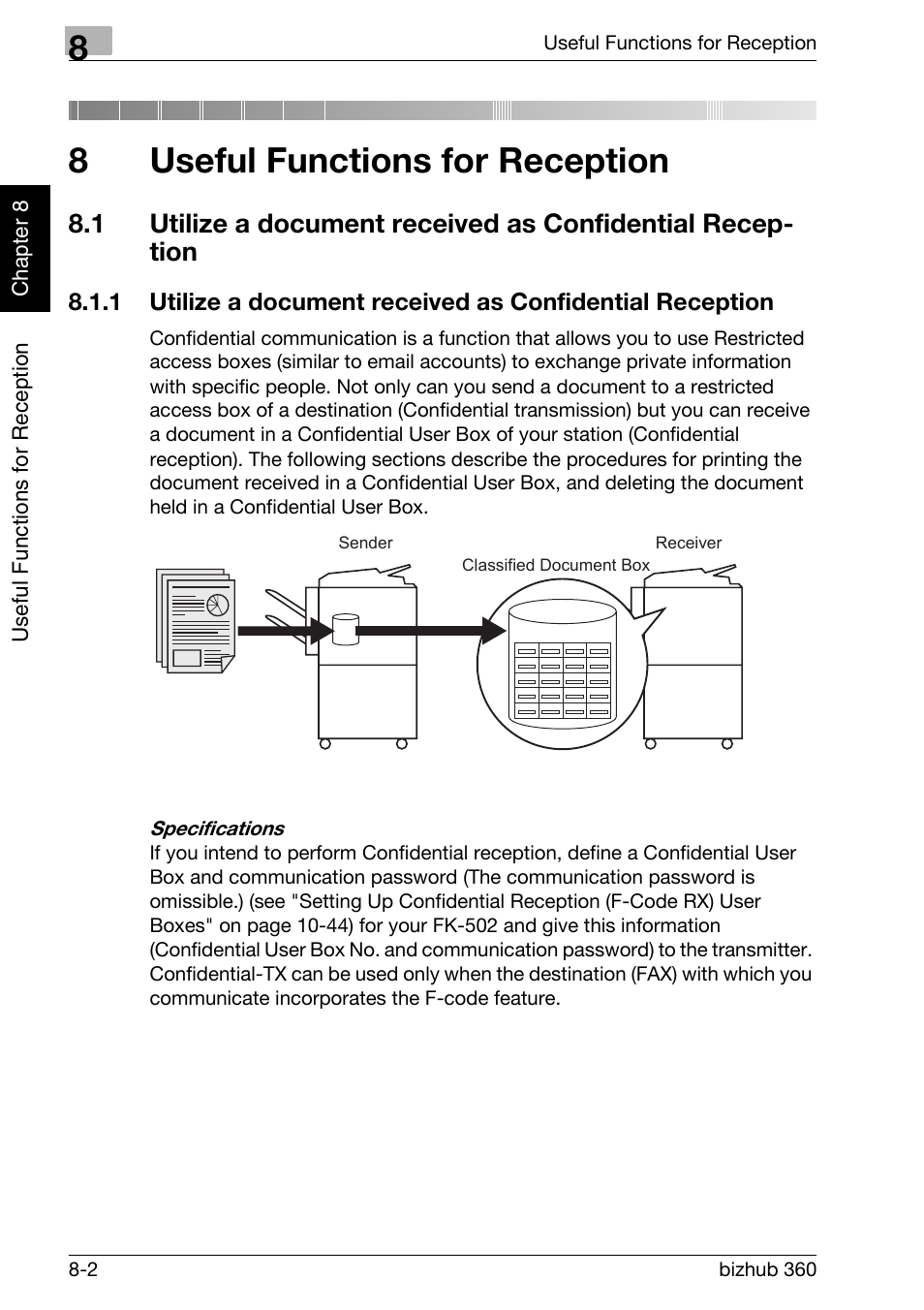 8 useful functions for reception, Useful functions for reception, 8useful functions for reception | Konica Minolta FK-502 User Manual | Page 193 / 458