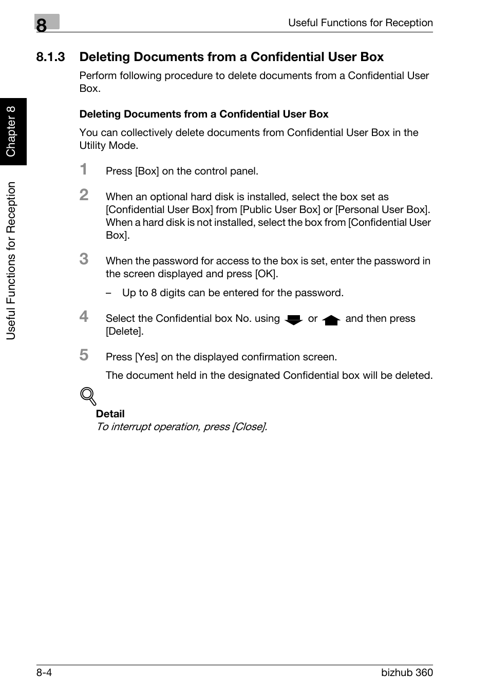 3 deleting documents from a confidential user box, Deleting documents from a confidential user box, Deleting documents from a confidential user box -4 | Konica Minolta FK-502 User Manual | Page 195 / 458