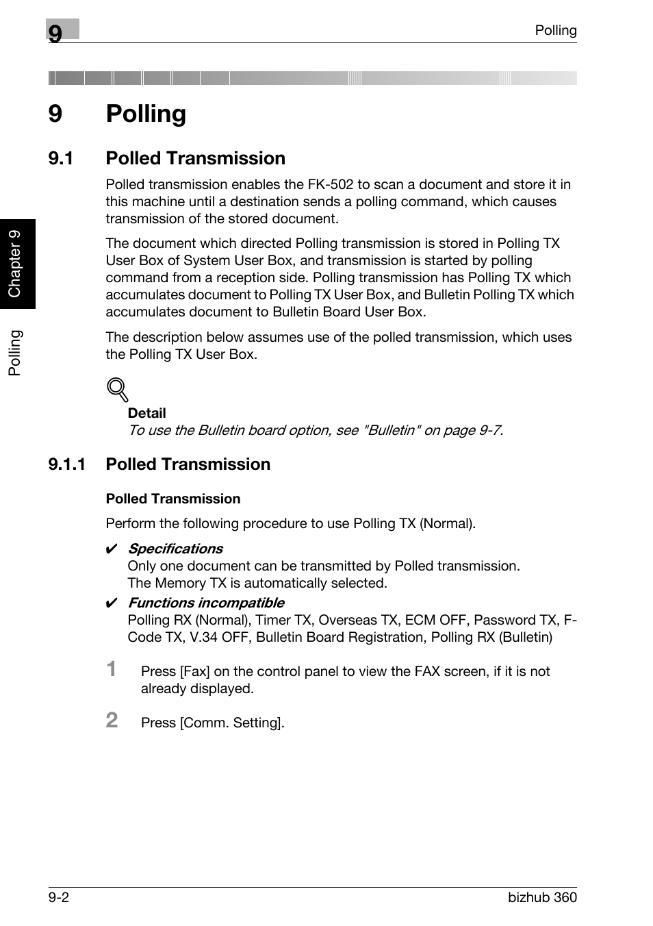 9 polling, 1 polled transmission, Polled transmission | Polling, Polled transmission -2, For details, see "polled transmission" (p. 9-2), 9polling | Konica Minolta FK-502 User Manual | Page 201 / 458