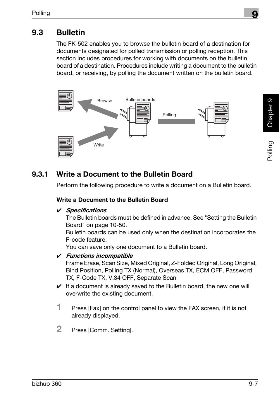 3 bulletin, 1 write a document to the bulletin board, Write a document to the bulletin board | Bulletin -7, Write a document to the bulletin board -7, For details, see "bulletin" (p. 9-7) | Konica Minolta FK-502 User Manual | Page 206 / 458