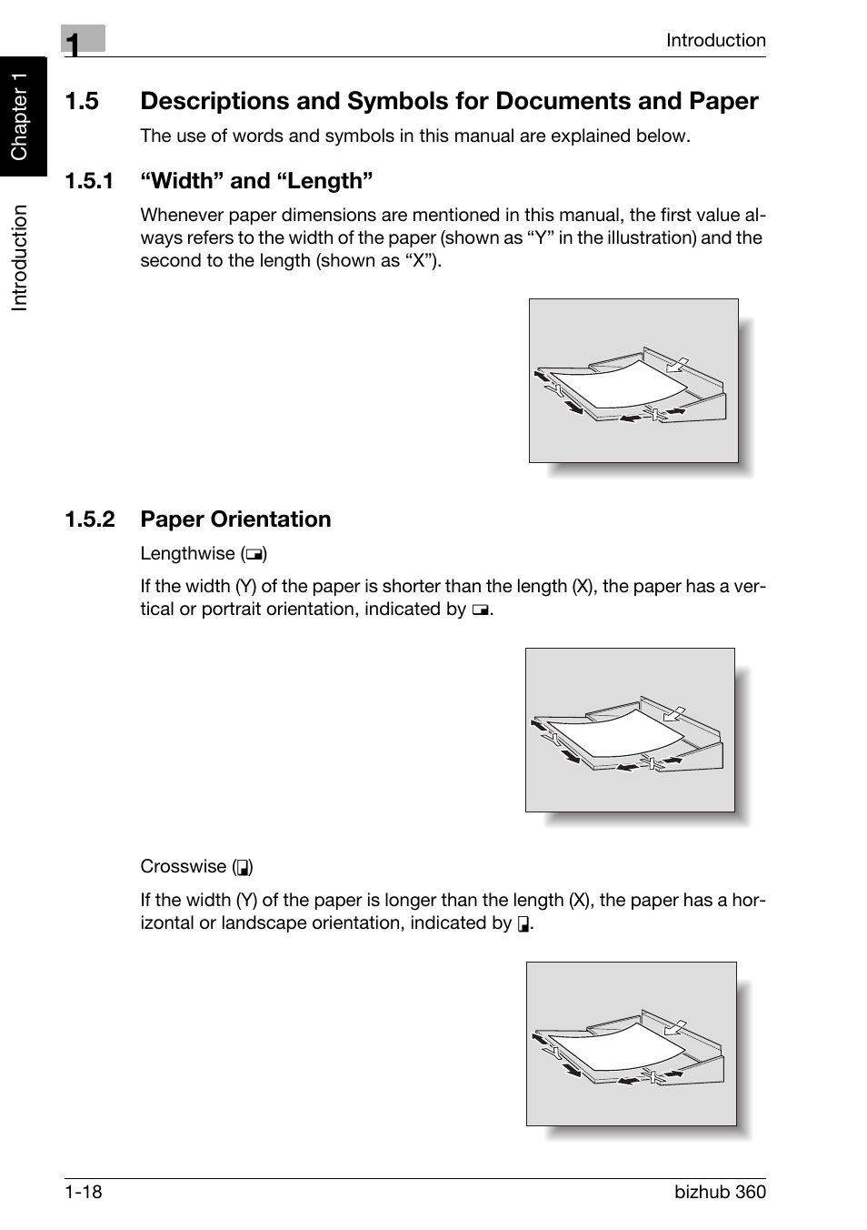 5 descriptions and symbols for documents and paper, 1 “width” and “length, 2 paper orientation | Width” and “length” -18, Paper orientation -18 | Konica Minolta FK-502 User Manual | Page 27 / 458