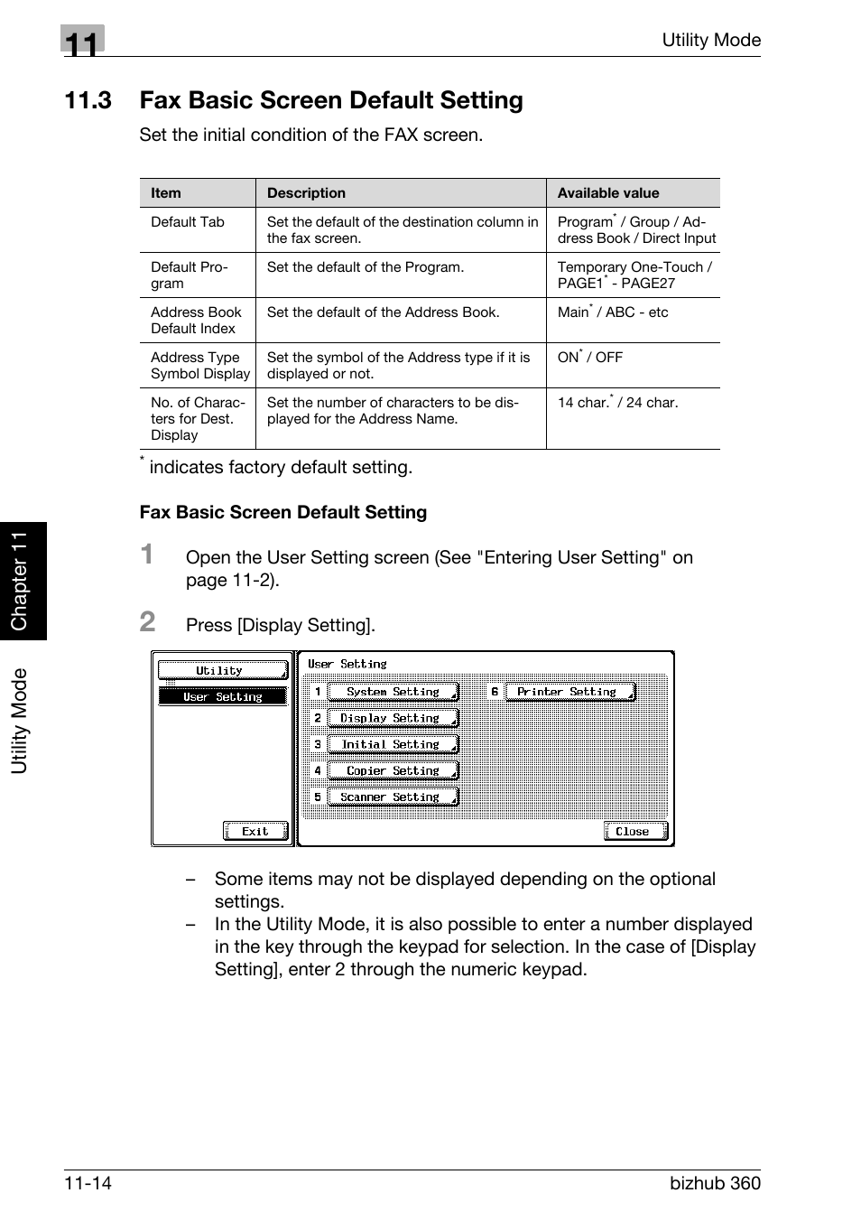 3 fax basic screen default setting, Fax basic screen default setting, Fax basic screen default setting -14 | Utility mode ch ap te r 11 | Konica Minolta FK-502 User Manual | Page 281 / 458