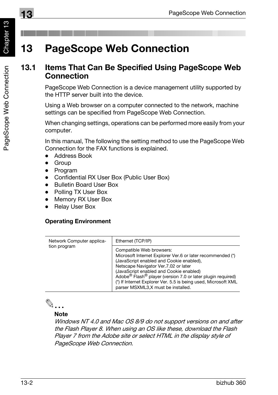 Operating environment, Items that can be specified, 13 pagescope web connection | Konica Minolta FK-502 User Manual | Page 399 / 458