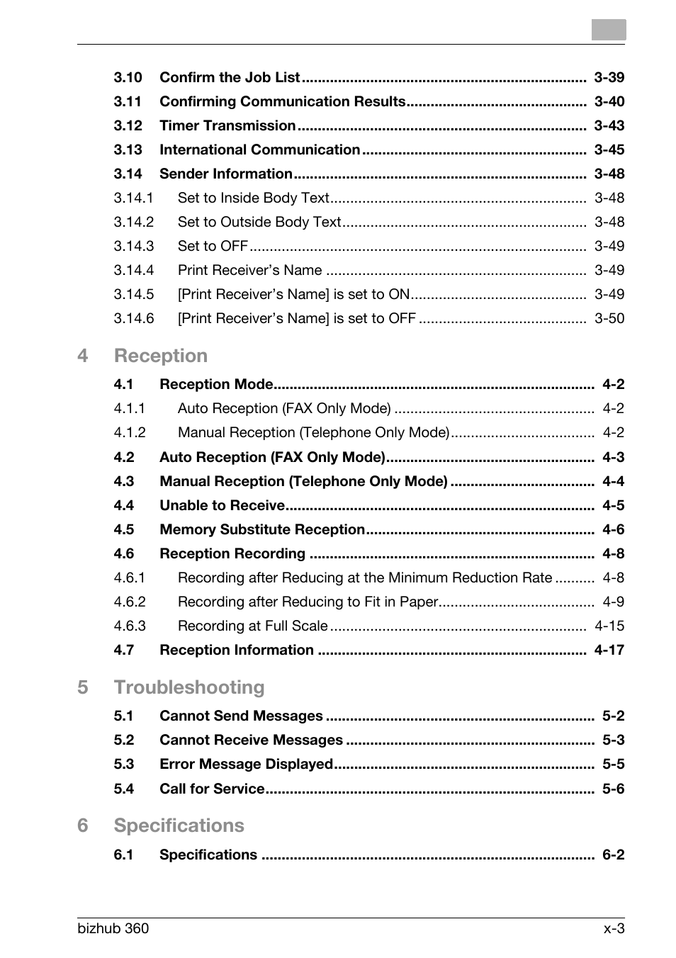 4reception, 5troubleshooting, 6specifications | Konica Minolta FK-502 User Manual | Page 4 / 458