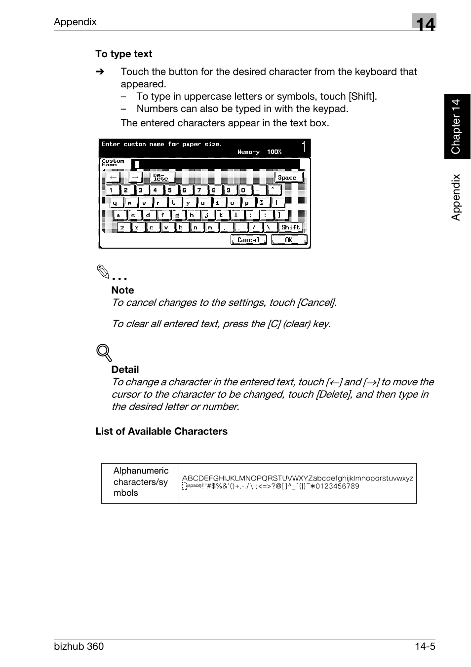 To type text, List of available characters | Konica Minolta FK-502 User Manual | Page 446 / 458