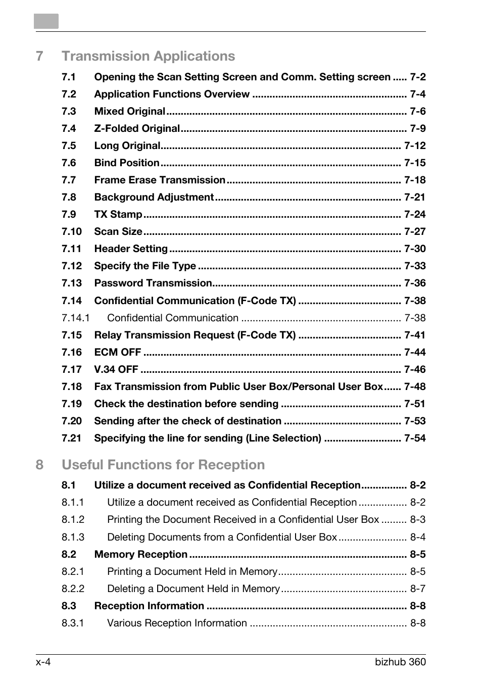 7transmission applications, 8useful functions for reception | Konica Minolta FK-502 User Manual | Page 5 / 458