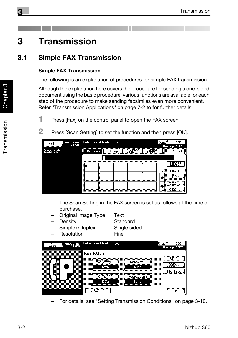 3 transmission, 1 simple fax transmission, Simple fax transmission | Transmission, Simple fax transmission -2, 3transmission | Konica Minolta FK-502 User Manual | Page 59 / 458