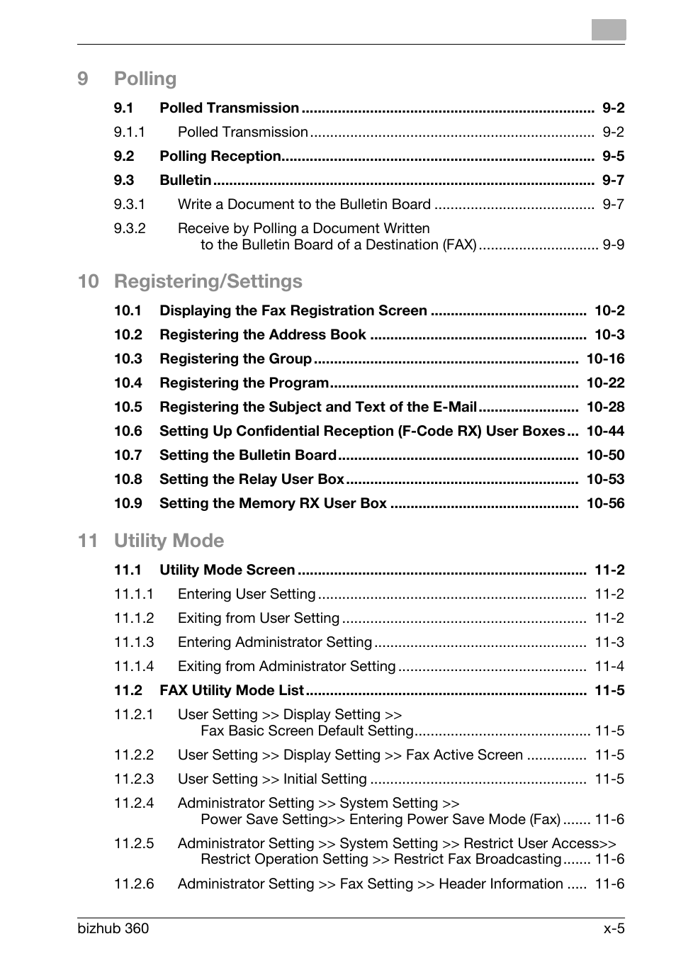 9polling, 10 registering/settings, 11 utility mode | Konica Minolta FK-502 User Manual | Page 6 / 458