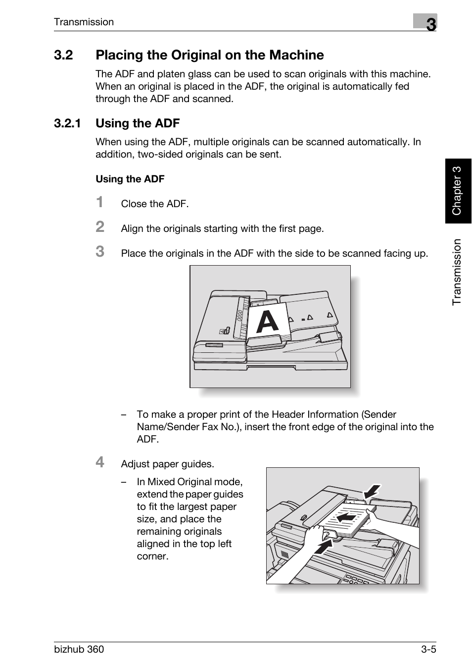 2 placing the original on the machine, 1 using the adf, Using the adf | Placing the original on the machine -5, Using the adf -5 | Konica Minolta FK-502 User Manual | Page 62 / 458