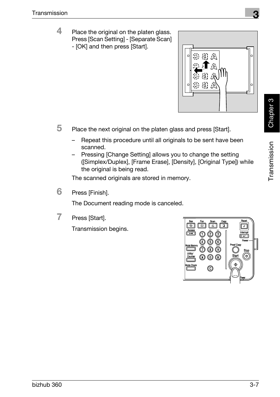 Tr an sm iss ion chapter 3, Transmission, Press [start]. transmission begins | Konica Minolta FK-502 User Manual | Page 64 / 458