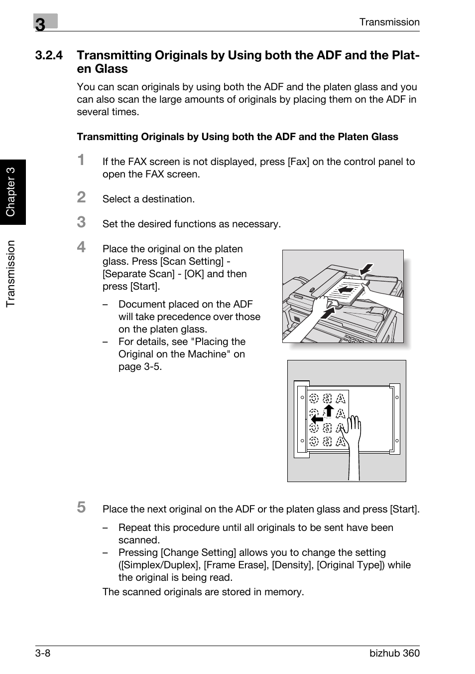 Transmitting originals by, Using both the adf and the platen glass -8 | Konica Minolta FK-502 User Manual | Page 65 / 458