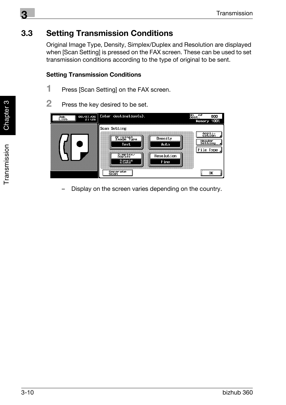 3 setting transmission conditions, Setting transmission conditions, Setting transmission conditions -10 | Konica Minolta FK-502 User Manual | Page 67 / 458