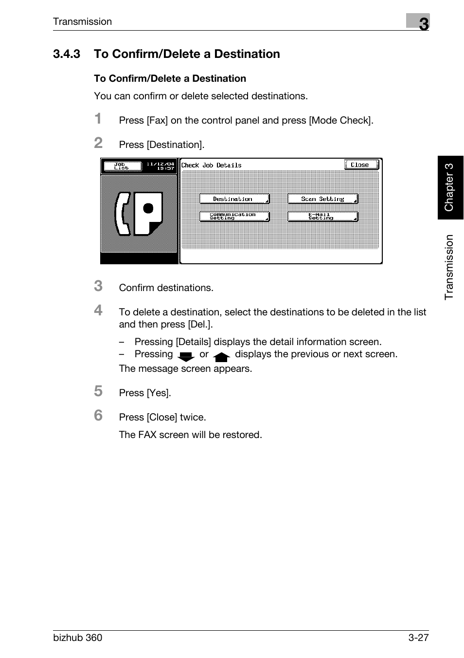 3 to confirm/delete a destination, To confirm/delete a destination, To confirm/delete a destination -27 | Konica Minolta FK-502 User Manual | Page 84 / 458