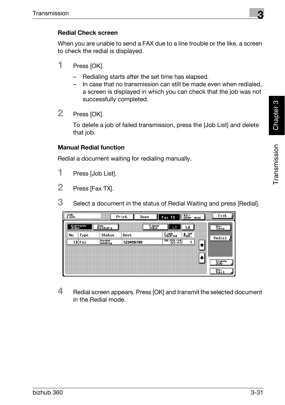 Redial check screen, Manual redial function | Konica Minolta FK-502 User Manual | Page 88 / 458
