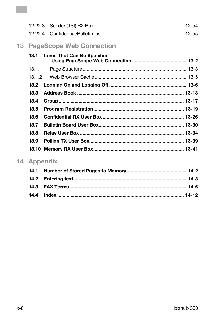 13 pagescope web connection, 14 appendix | Konica Minolta FK-502 User Manual | Page 9 / 458