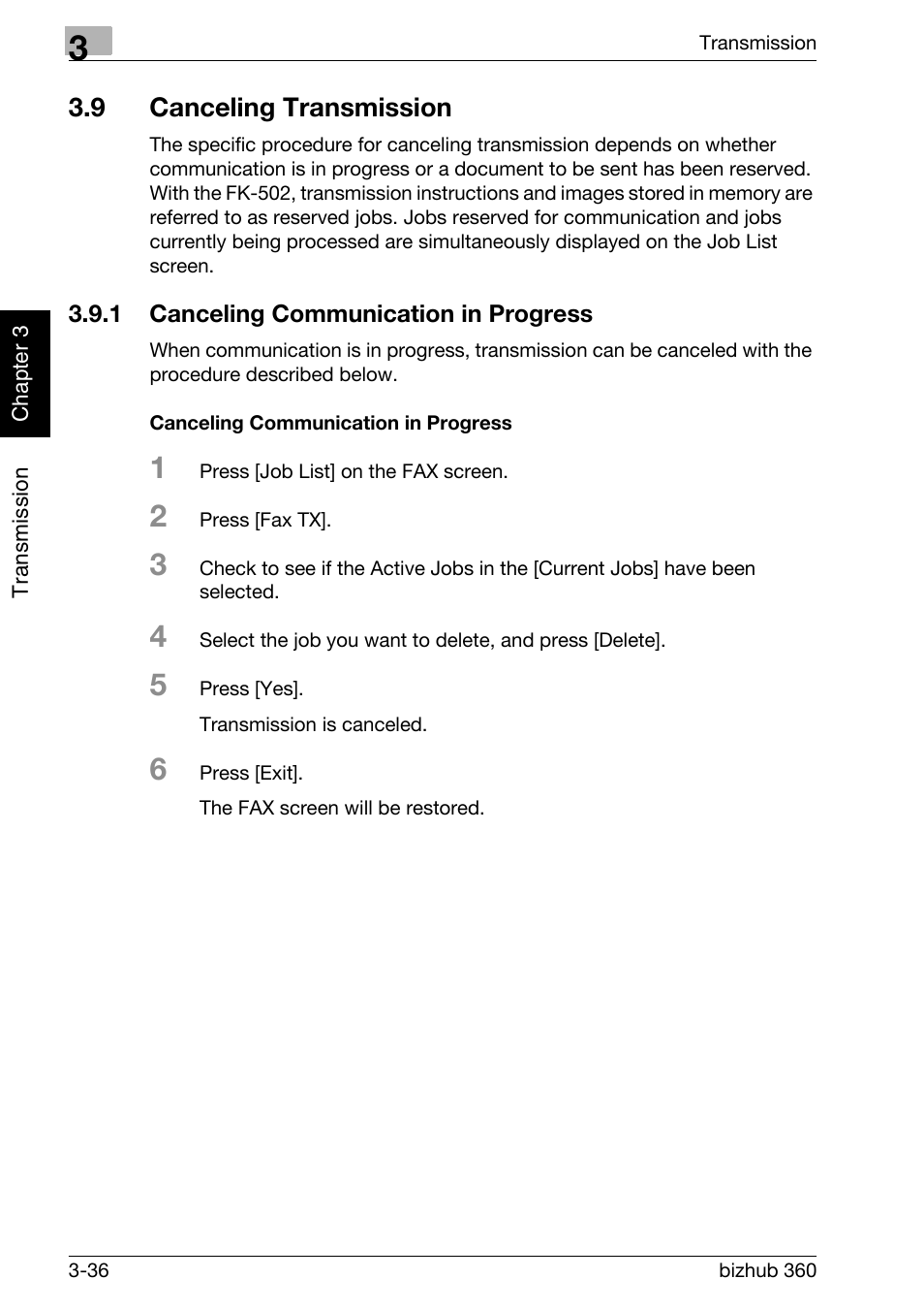 9 canceling transmission, 1 canceling communication in progress, Canceling communication in progress | Canceling transmission -36, Canceling communication in progress -36 | Konica Minolta FK-502 User Manual | Page 93 / 458