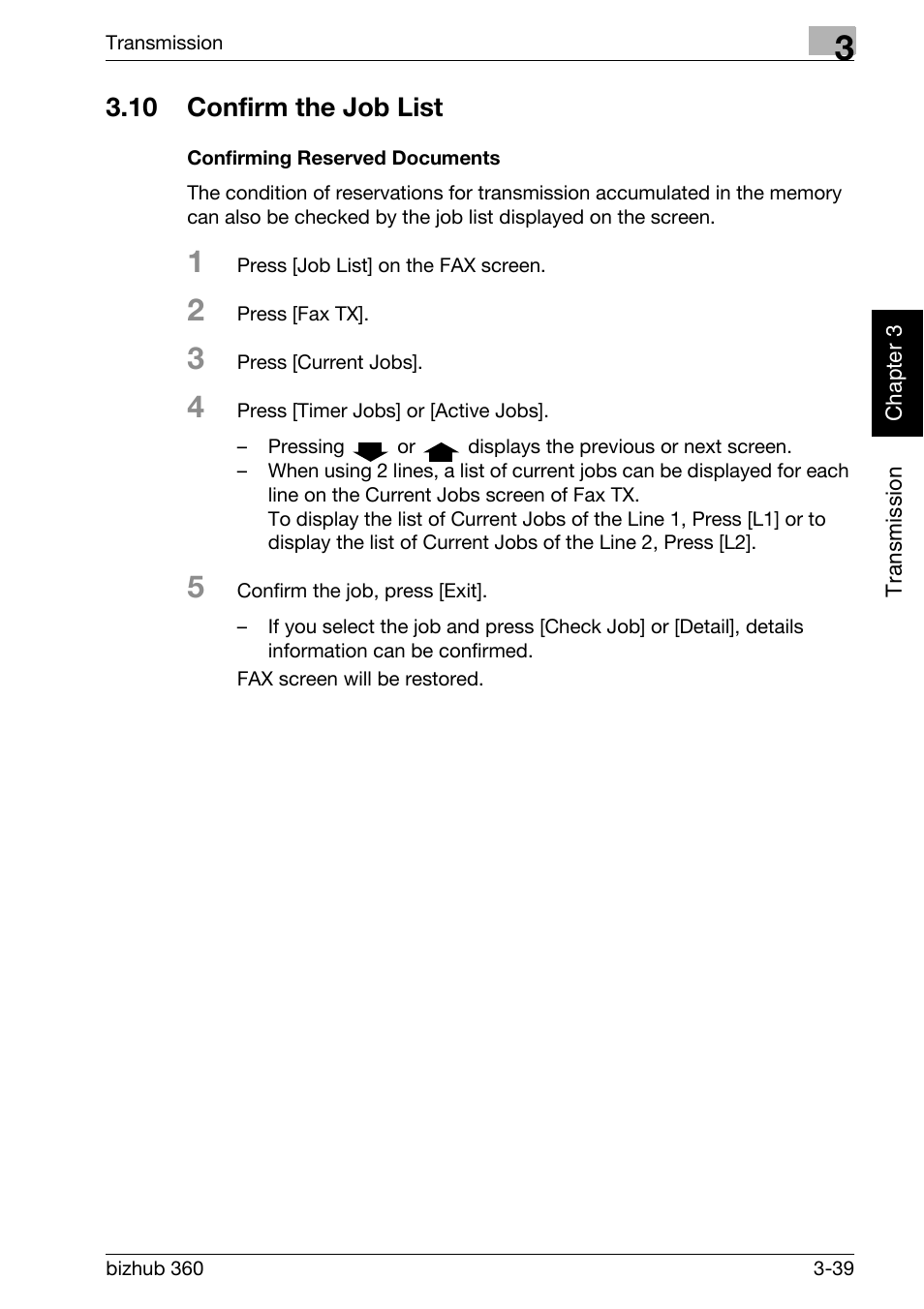 10 confirm the job list, Confirming reserved documents, Confirm the job list -39 | Konica Minolta FK-502 User Manual | Page 96 / 458