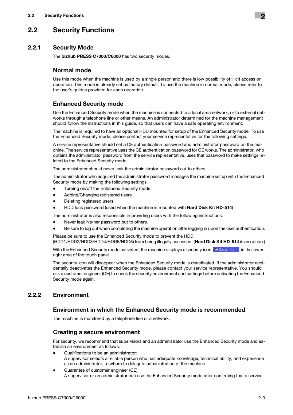 2 security functions, 1 security mode, Normal mode | Enhanced security mode, 2 environment, Creating a secure environment, Security functions -3, Security mode -3, Environment -3 | Konica Minolta bizhub PRESS C6000 User Manual | Page 10 / 44