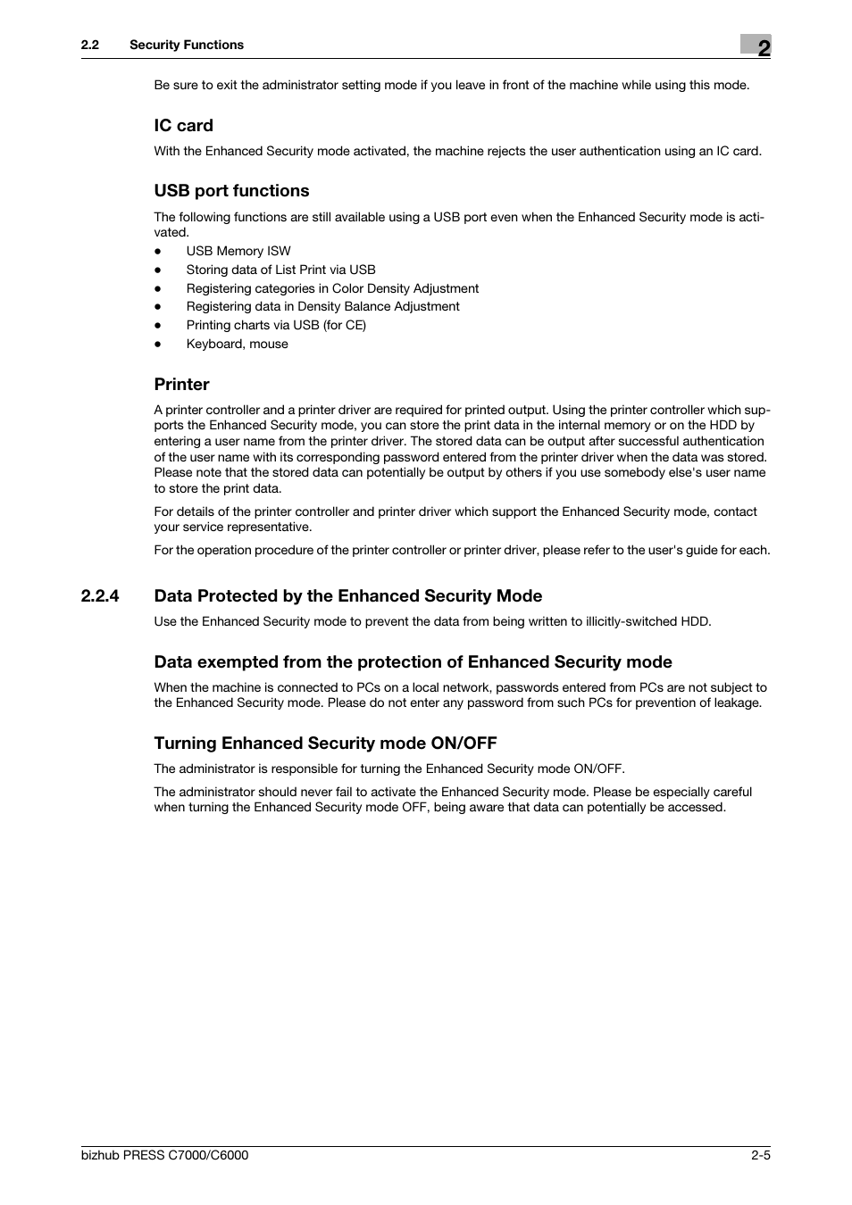 Ic card, Usb port functions, Printer | 4 data protected by the enhanced security mode, Turning enhanced security mode on/off, Data protected by the enhanced security mode -5 | Konica Minolta bizhub PRESS C6000 User Manual | Page 12 / 44