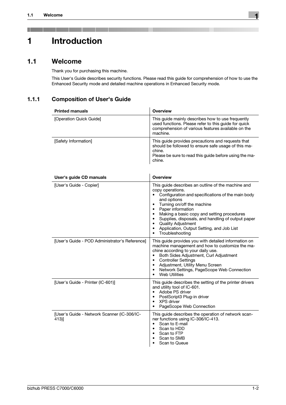 1 introduction, 1 welcome, 1 composition of user's guide | Introduction, Welcome -2, Composition of user's guide -2, 1introduction | Konica Minolta bizhub PRESS C6000 User Manual | Page 4 / 44