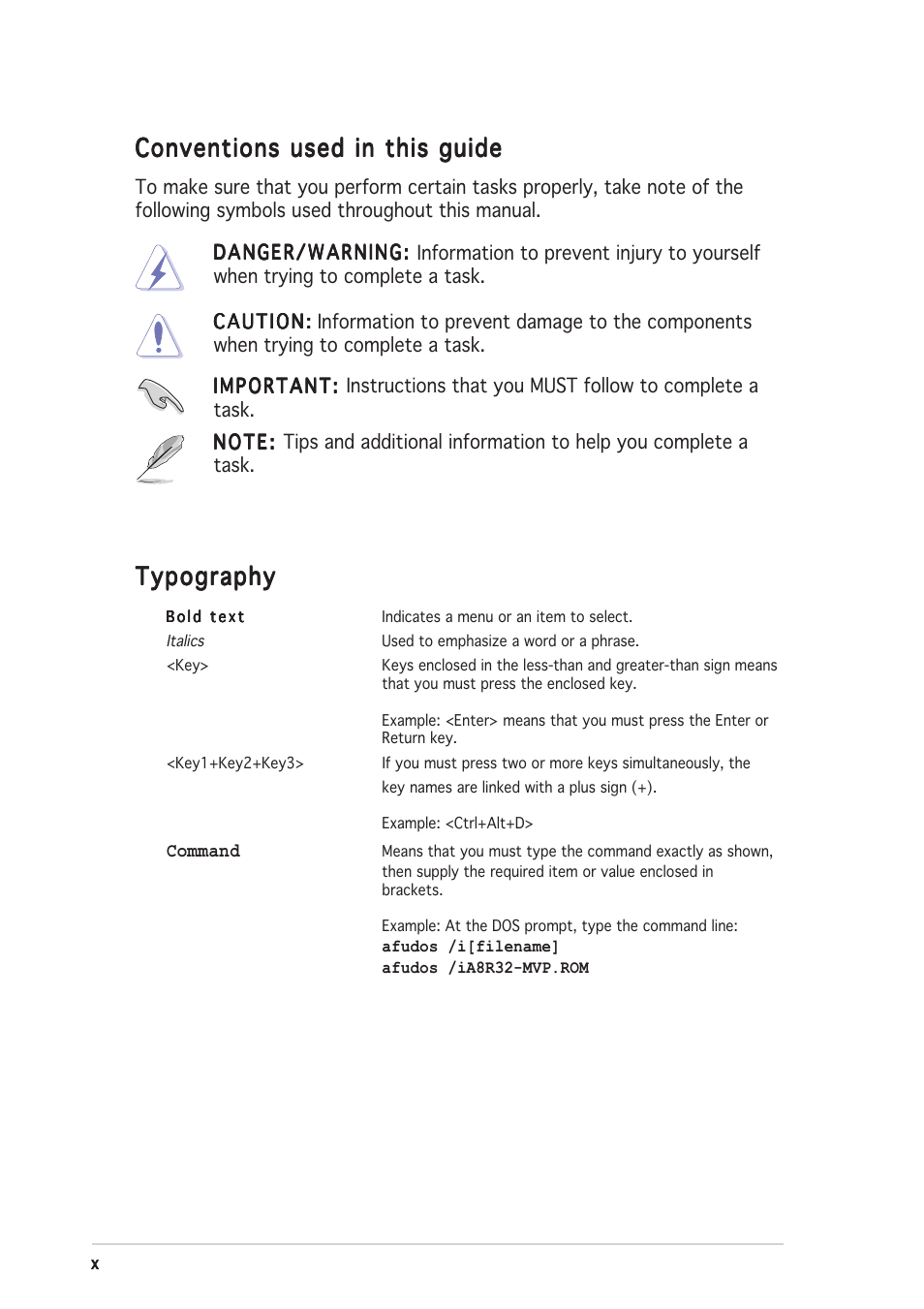 Conventions used in this guide, Typography | Asus A8R32-MVP User Manual | Page 10 / 166