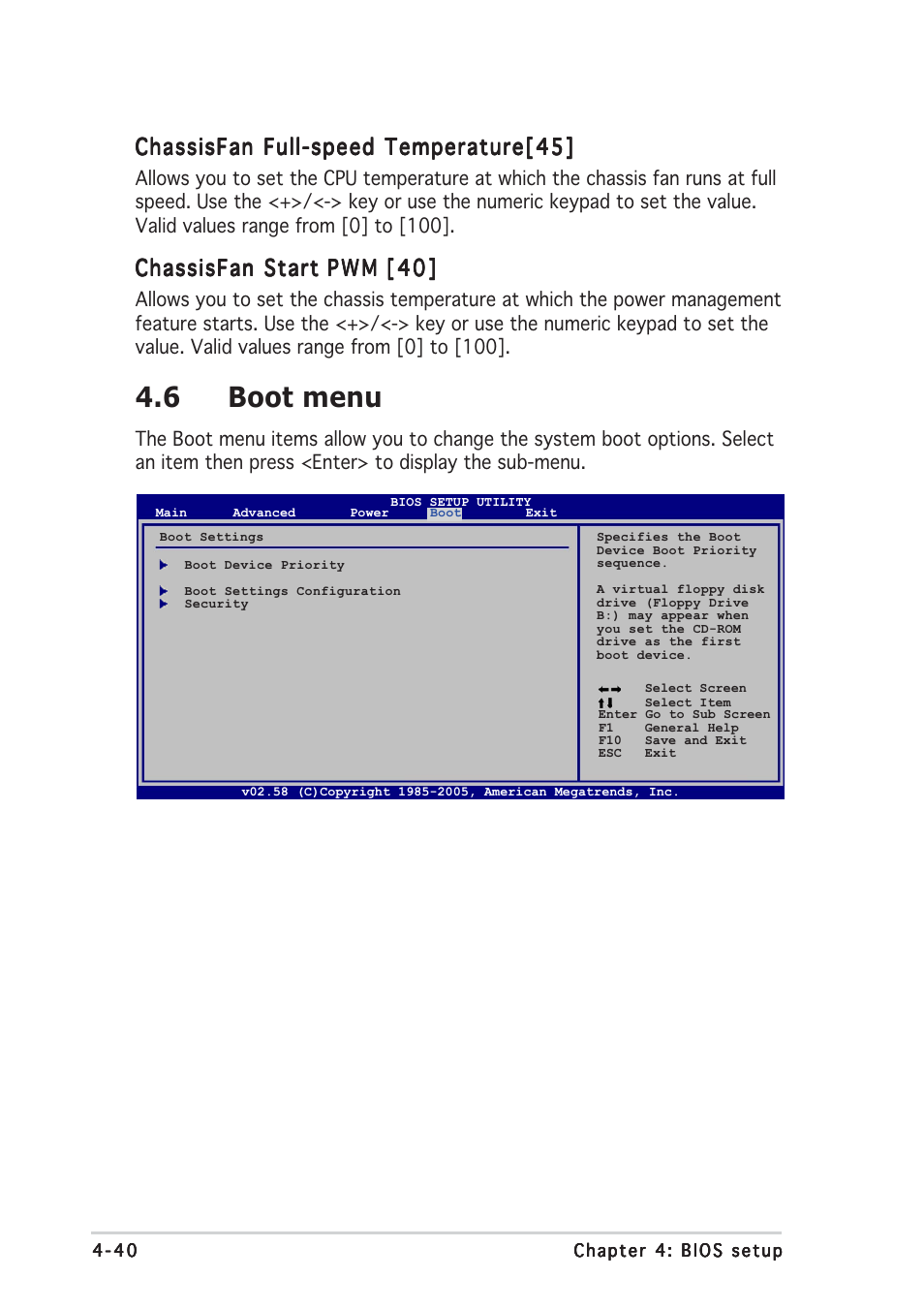 6 boot menu, Chassisfan full-speed temperature[45, Chassisfan start | Asus A8R32-MVP User Manual | Page 102 / 166