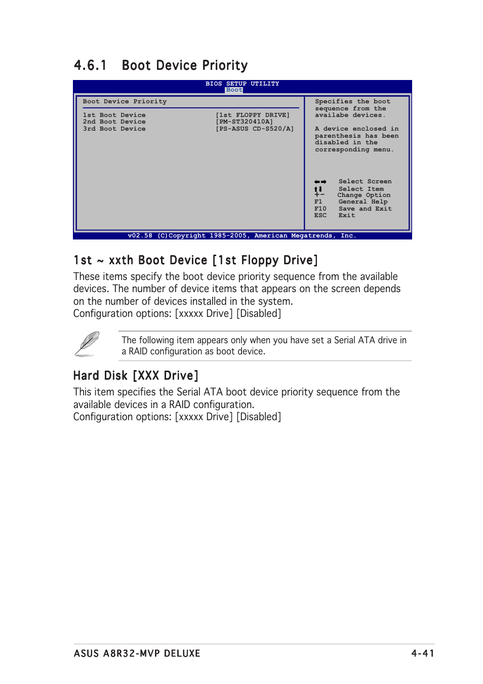 1st ~ xxth boot device [1st floppy drive, Hard disk [xxx drive | Asus A8R32-MVP User Manual | Page 103 / 166