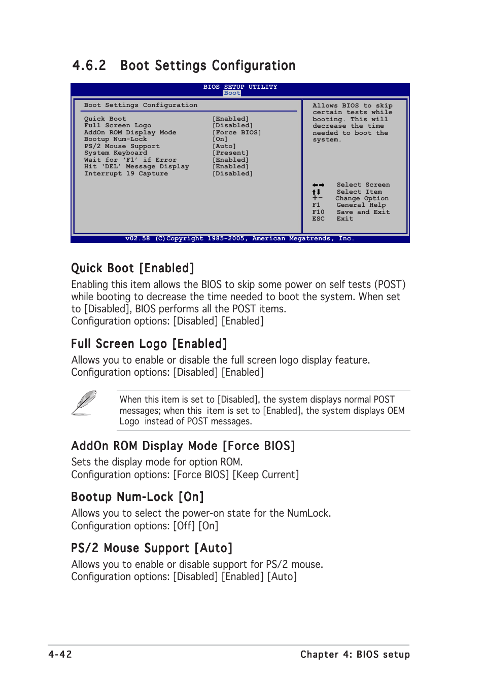 Quick boot [enabled, Full screen logo [enabled, Addon rom display mode [force bios | Bootup num-lock [on, Ps/2 mouse support [auto | Asus A8R32-MVP User Manual | Page 104 / 166