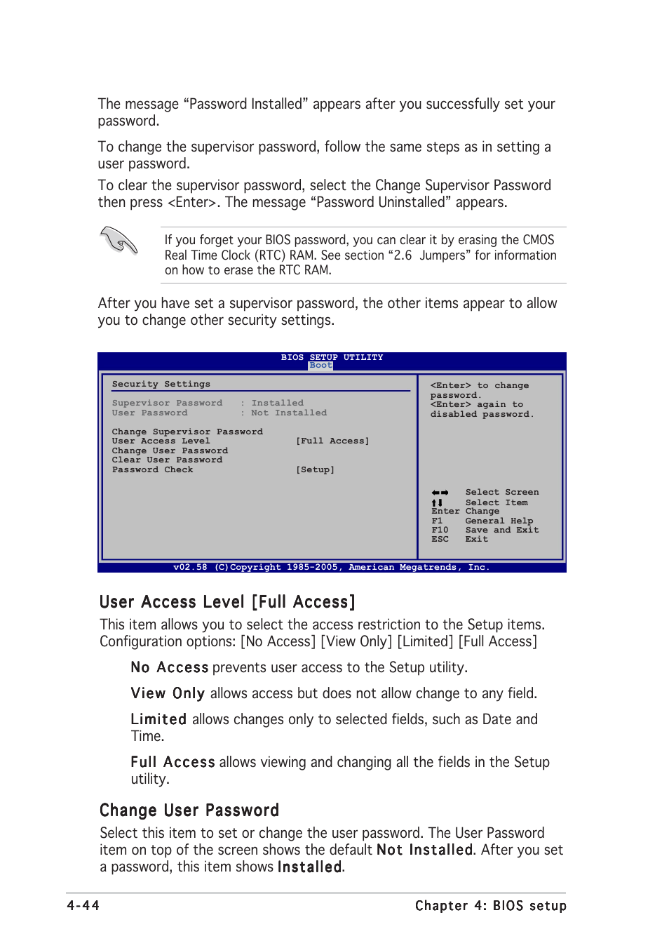 User access level [full access, Change user password | Asus A8R32-MVP User Manual | Page 106 / 166