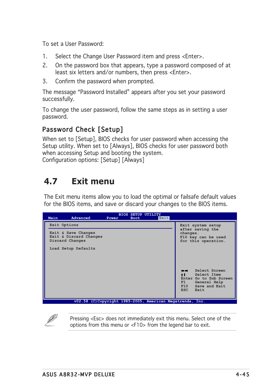 7 exit menu, Password check [setup | Asus A8R32-MVP User Manual | Page 107 / 166