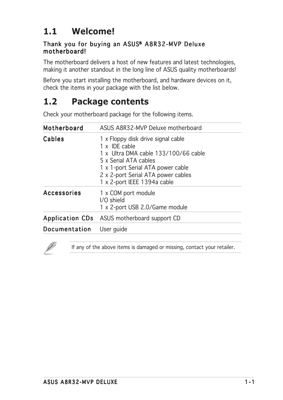 1 welcome, 2 package contents | Asus A8R32-MVP User Manual | Page 17 / 166