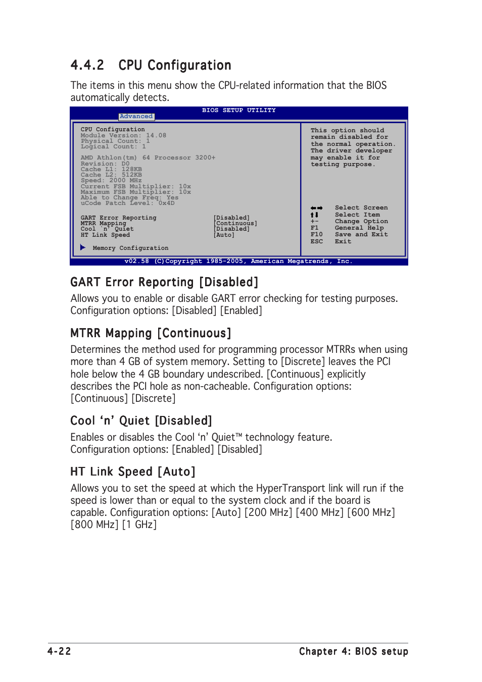 Gart error reporting, Mtrr mapping [continuous, Cool ‘n’ quiet | Ht link speed [auto | Asus A8R32-MVP User Manual | Page 84 / 166