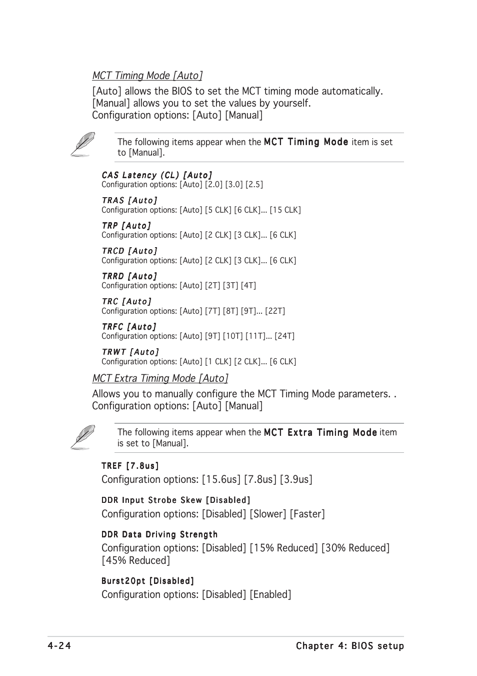 Configuration options: [disabled] [slower] [faster, Configuration options: [disabled] [enabled | Asus A8R32-MVP User Manual | Page 86 / 166