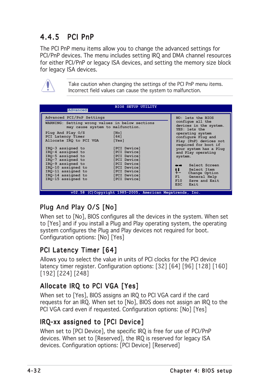 5 pci pnp pci pnp pci pnp pci pnp pci pnp, Plug and play o/s [no, Pci latency timer [64 | Allocate irq to pci vga [yes, Irq-xx assigned to [pci device | Asus A8R32-MVP User Manual | Page 94 / 166