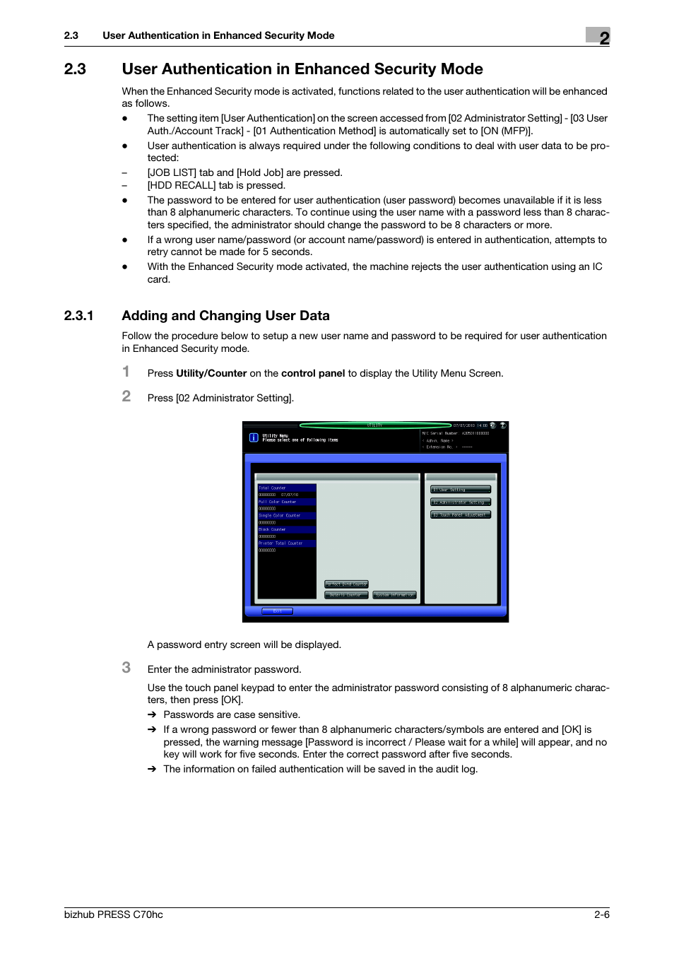 3 user authentication in enhanced security mode, 1 adding and changing user data, User authentication in enhanced security mode -6 | Adding and changing user data -6 | Konica Minolta bizhub PRESS C70hc User Manual | Page 12 / 42
