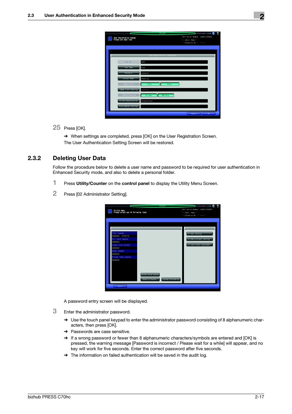 2 deleting user data, Deleting user data -17 | Konica Minolta bizhub PRESS C70hc User Manual | Page 23 / 42
