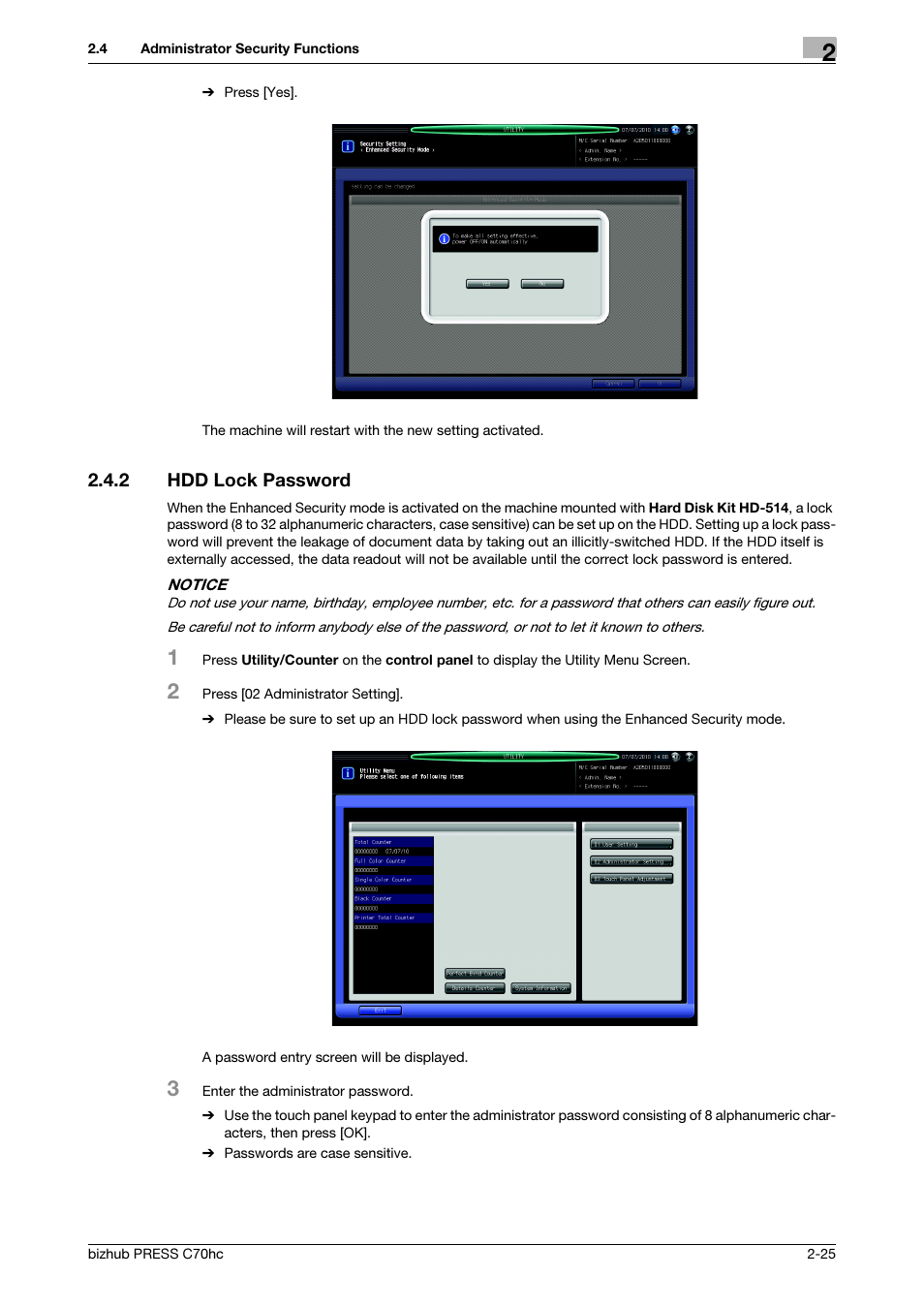 2 hdd lock password, Hdd lock password -25 | Konica Minolta bizhub PRESS C70hc User Manual | Page 31 / 42