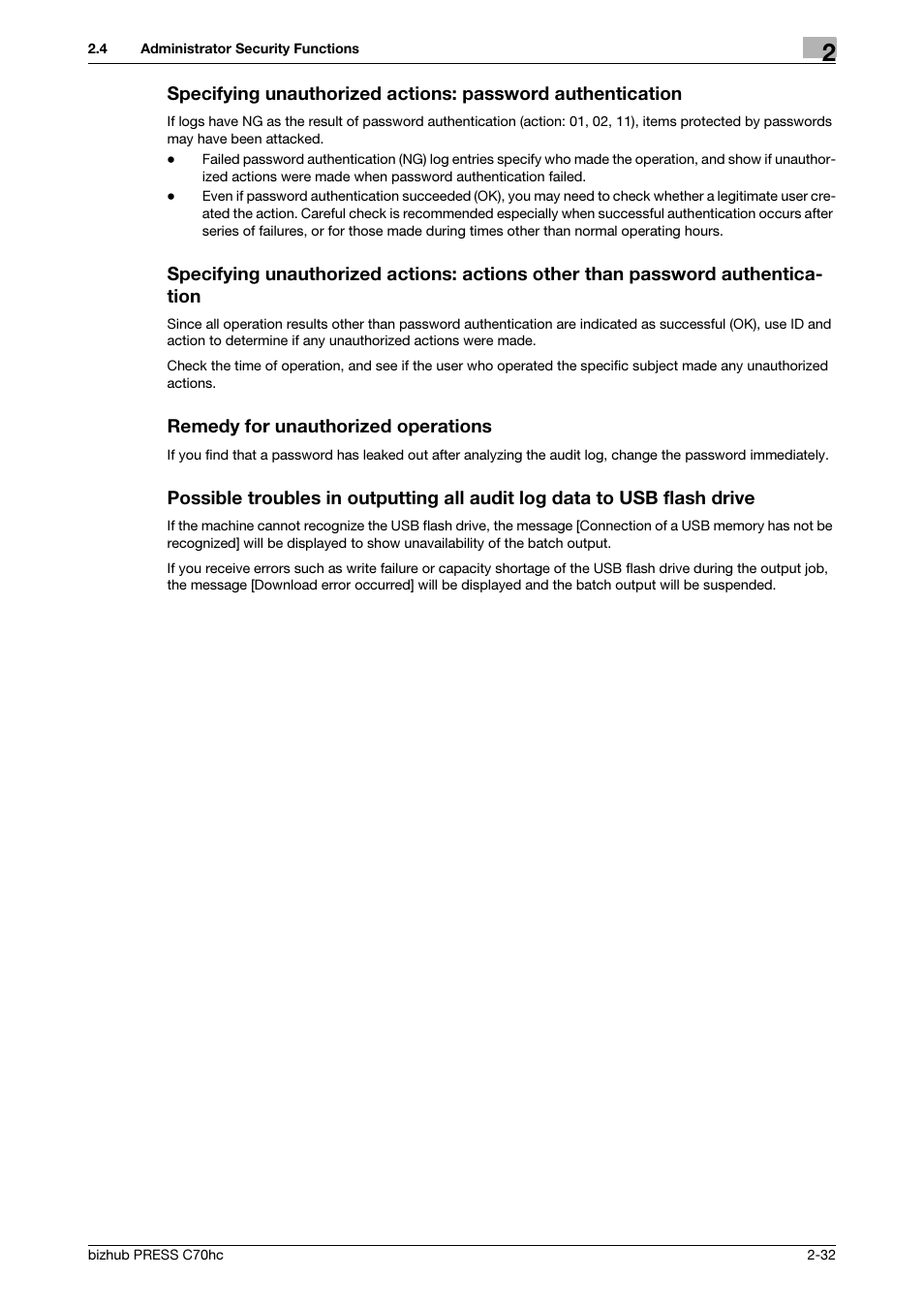 Remedy for unauthorized operations | Konica Minolta bizhub PRESS C70hc User Manual | Page 38 / 42