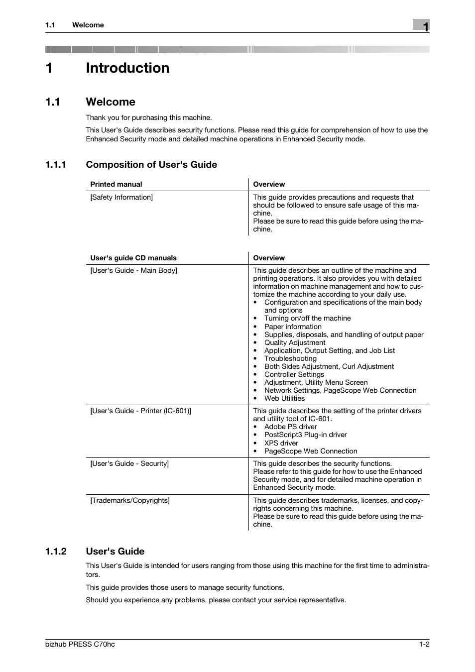 1 introduction, 1 welcome, 1 composition of user's guide | 2 user's guide, Introduction, Welcome -2, Composition of user's guide -2, User's guide -2, 1introduction, 1 composition of user's guide 1.1.2 user's guide | Konica Minolta bizhub PRESS C70hc User Manual | Page 4 / 42