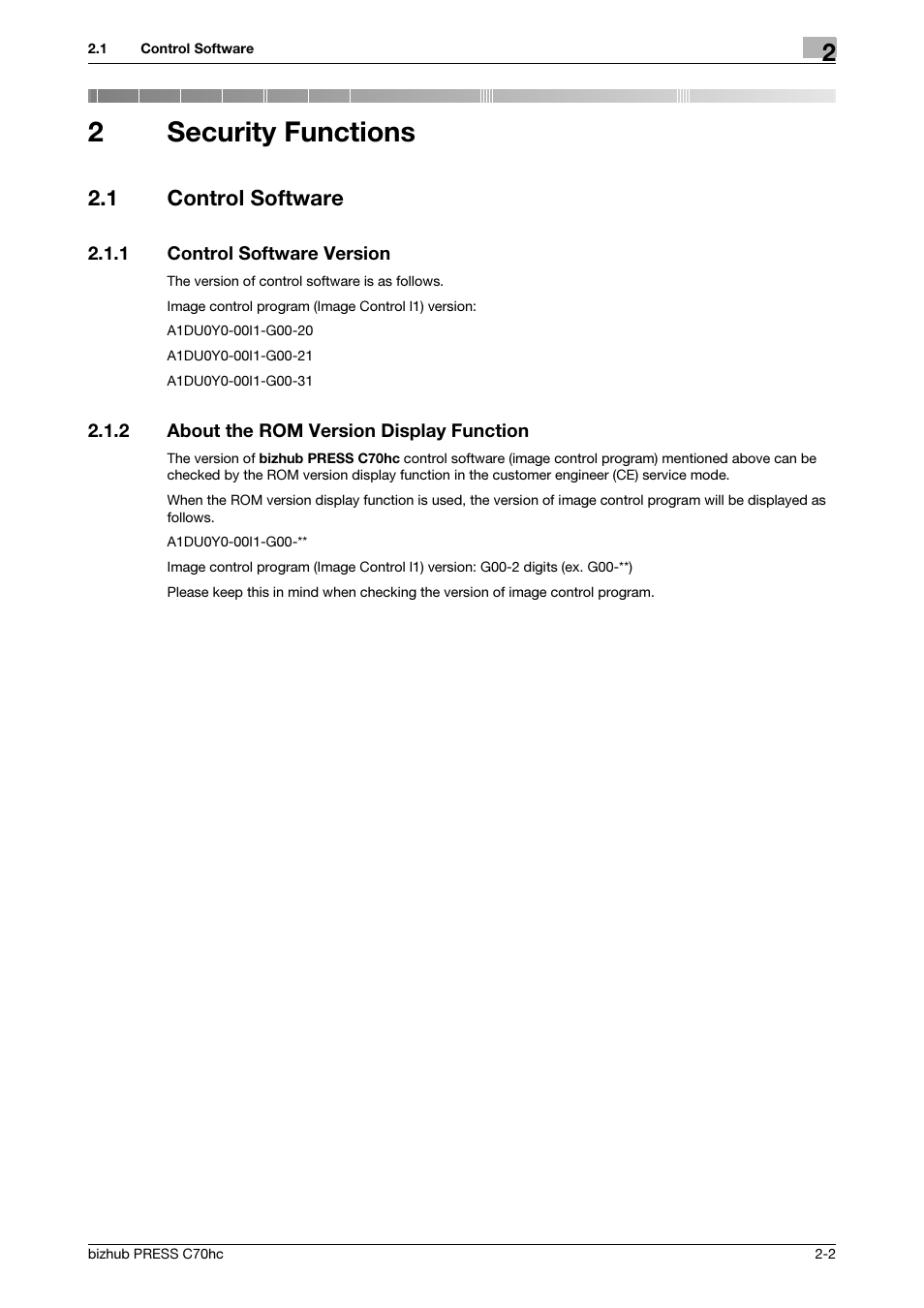 2 security functions, 1 control software, 1 control software version | 2 about the rom version display function, Security functions, Control software -2, Control software version -2, About the rom version display function -2, 2security functions | Konica Minolta bizhub PRESS C70hc User Manual | Page 8 / 42