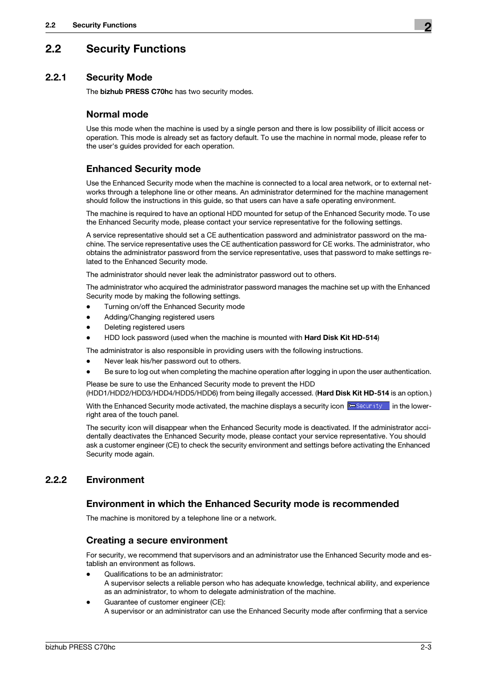 2 security functions, 1 security mode, Normal mode | Enhanced security mode, 2 environment, Creating a secure environment, Security functions -3, Security mode -3, Environment -3 | Konica Minolta bizhub PRESS C70hc User Manual | Page 9 / 42