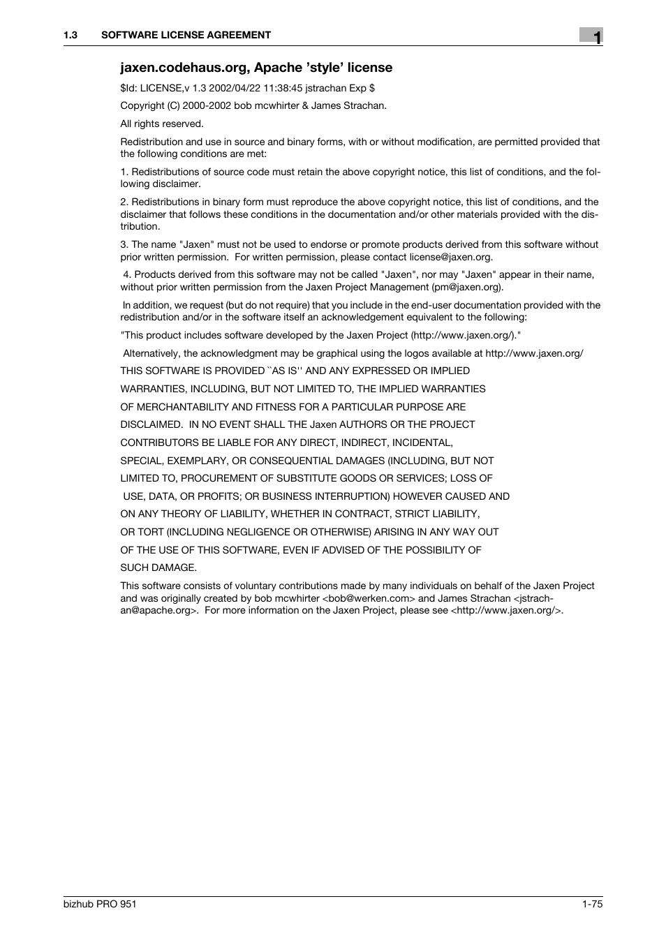 Jaxen.codehaus.org, apache ’style’ license | Konica Minolta bizhub PRO 951 User Manual | Page 76 / 90