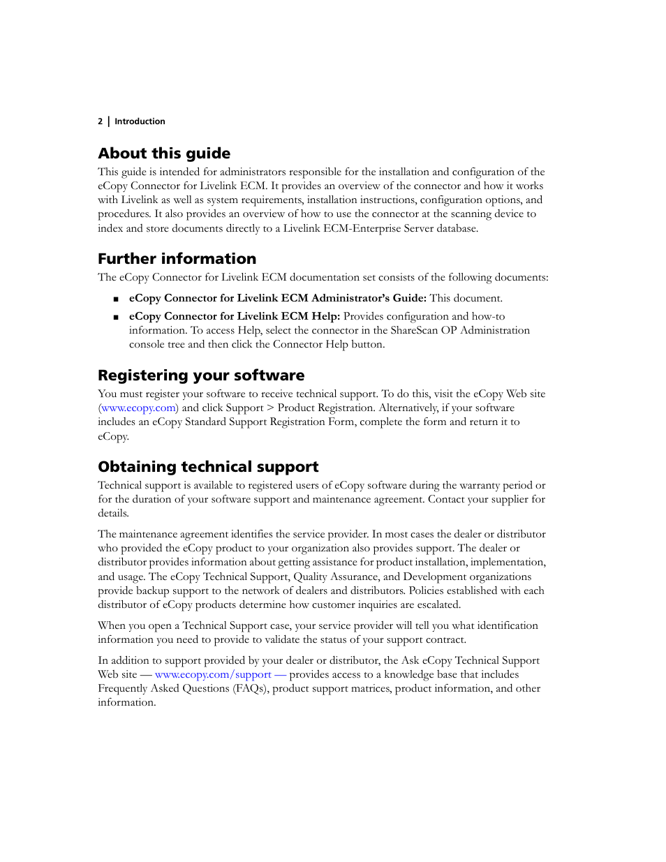 About this guide, Further information, Registering your software | Obtaining technical support | Konica Minolta eCopy User Manual | Page 6 / 26