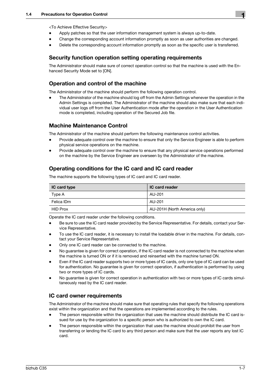 Operation and control of the machine, Machine maintenance control, Ic card owner requirements | Konica Minolta bizhub C35 User Manual | Page 10 / 94