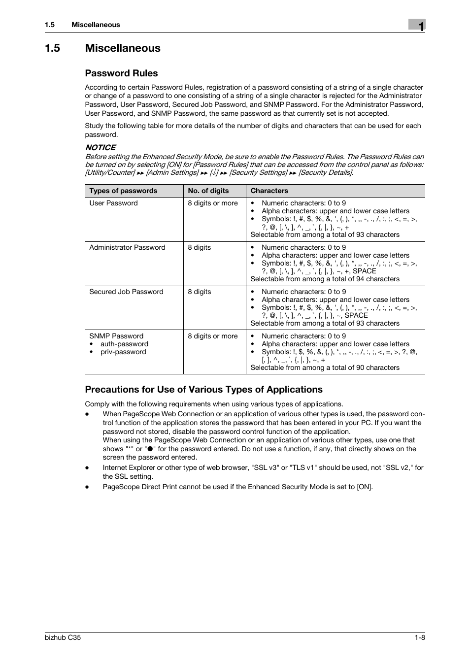 5 miscellaneous, Password rules | Konica Minolta bizhub C35 User Manual | Page 11 / 94