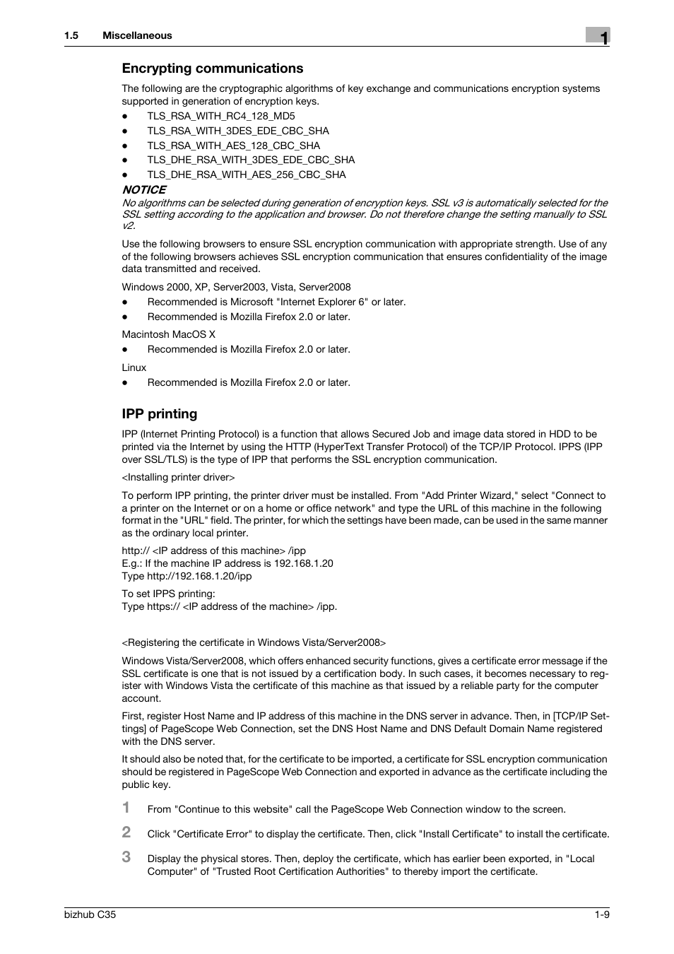 Encrypting communications, Ipp printing, Encrypting communications -9 ipp printing -9 | Konica Minolta bizhub C35 User Manual | Page 12 / 94