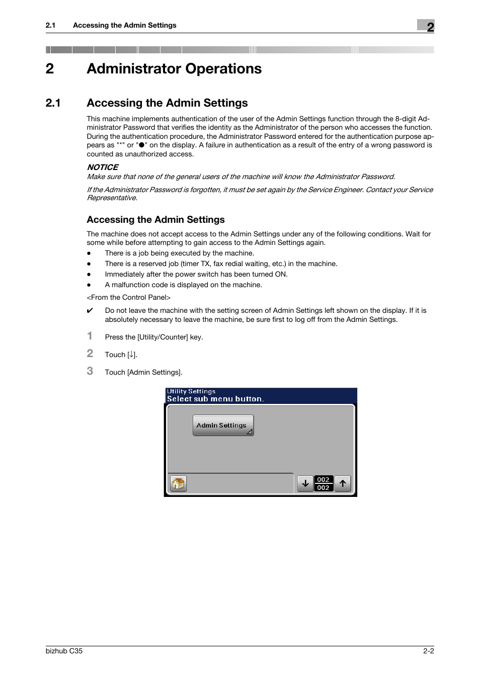 2 administrator operations, 1 accessing the admin settings, Accessing the admin settings | Administrator operations, 2administrator operations | Konica Minolta bizhub C35 User Manual | Page 16 / 94