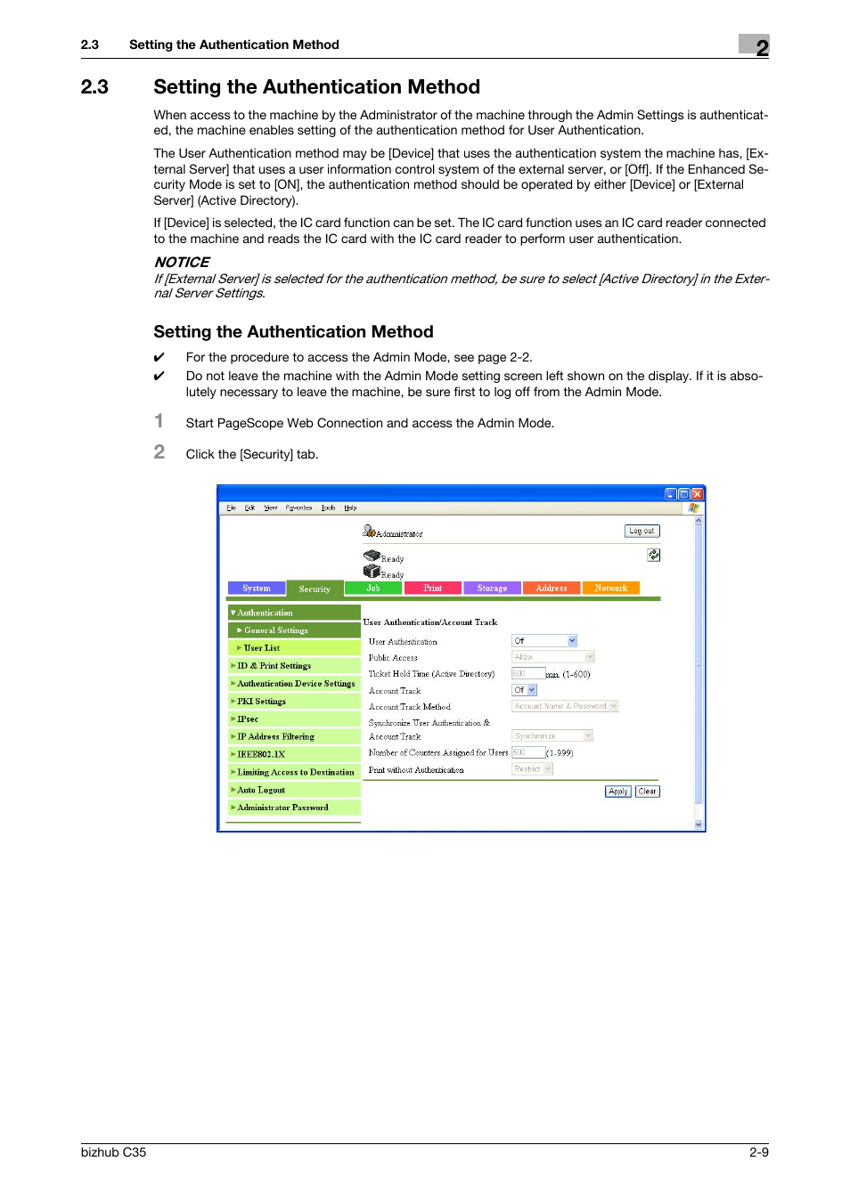 3 setting the authentication method, Setting the authentication method | Konica Minolta bizhub C35 User Manual | Page 23 / 94