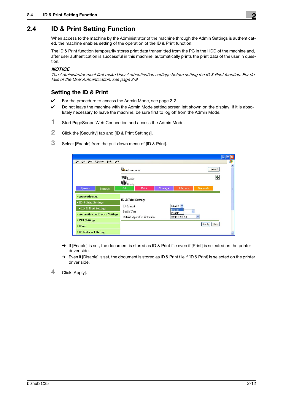 4 id & print setting function, Setting the id & print | Konica Minolta bizhub C35 User Manual | Page 26 / 94