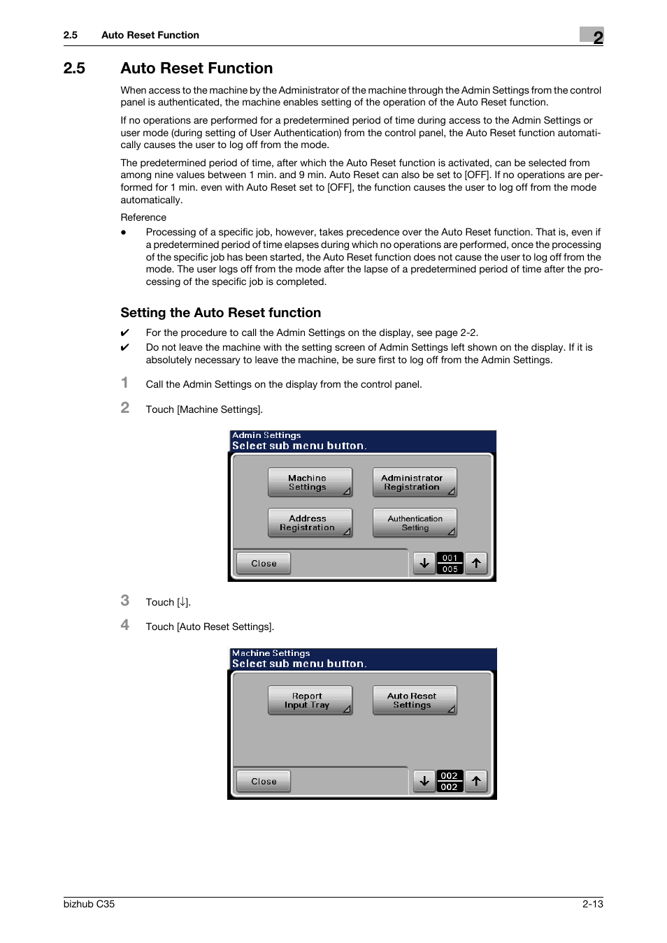 5 auto reset function, Setting the auto reset function | Konica Minolta bizhub C35 User Manual | Page 27 / 94